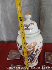 MaxSold Auction: Imari-Style White & Blue Porcelain Ginger Jar with Lid & 4 Framed Coasters - Las Vegas (Nevada, USA) PARTNER MANAGED Estate Sale Online Auction - Masked Duck Avenue