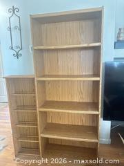MaxSold Auction: Light Oak Veneer Tall Bookcase with Narrow Media/CD Rack - Las Vegas (Nevada, USA) PARTNER MANAGED Estate Sale Online Auction - Masked Duck Avenue