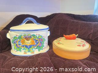 MaxSold Auction: Montelupo Hand-Painted Ceramic Biscotti Jar with Lid - Las Vegas (Nevada, USA) PARTNER MANAGED Estate Sale Online Auction - Masked Duck Avenue