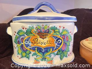 MaxSold Auction: Montelupo Hand-Painted Ceramic Biscotti Jar with Lid - Las Vegas (Nevada, USA) PARTNER MANAGED Estate Sale Online Auction - Masked Duck Avenue