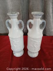 MaxSold Auction: Pair of White Milk Glass Vases with Relief Athlete Motif - Las Vegas (Nevada, USA) PARTNER MANAGED Estate Sale Online Auction - Masked Duck Avenue