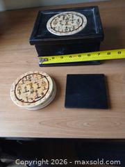 MaxSold Auction: Vintage Black & Beige Decorative Box with 6 Coasters - Las Vegas (Nevada, USA) PARTNER MANAGED Estate Sale Online Auction - Masked Duck Avenue