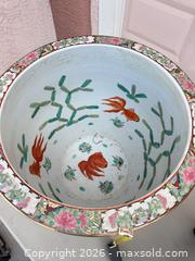 MaxSold Auction: Vintage Famille Rose Porcelain Fishbowl Planter on Wood Stand - Las Vegas (Nevada, USA) PARTNER MANAGED Estate Sale Online Auction - Masked Duck Avenue