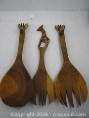 MaxSold Auction: Old African Hand Carved Wood Salad Set w/ Giraffes - Esquimalt (British Columbia, Canada) SELLER MANAGED Downsizing Online Auction - Yarrow                