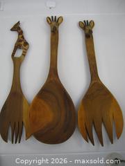 MaxSold Auction: Old African Hand Carved Wood Salad Set w/ Giraffes - Esquimalt (British Columbia, Canada) SELLER MANAGED Downsizing Online Auction - Yarrow                