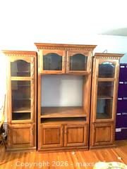 MaxSold Auction: 3-Piece Oak Entertainment Center Wall Unit with Glass Doors - Calgary (Alberta, Canada) PARTNER MANAGED Downsizing Online Auction - Huntcroft Way Northeast