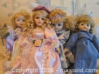 MaxSold Auction: Set of 4 Porcelain & Cloth Collectible Dolls, 12–18 in - Calgary (Alberta, Canada) PARTNER MANAGED Downsizing Online Auction - Huntcroft Way Northeast