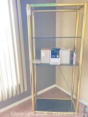 MaxSold Auction: Brass Tone Metal Frame Glass Display Shelf, 3 Shelves, 30" W  - Central Saanich (British Columbia, Canada) PARTNER MANAGED Moving Online Auction - Cultra Avenue