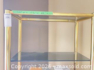 MaxSold Auction: Brass Tone Metal Frame Glass Display Shelf, 3 Shelves, 30" W  - Central Saanich (British Columbia, Canada) PARTNER MANAGED Moving Online Auction - Cultra Avenue