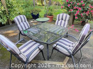 MaxSold Auction: Outdoor 6-Piece Dining Set with Glass Top & Cushioned Chairs - Central Saanich (British Columbia, Canada) PARTNER MANAGED Moving Online Auction - Cultra Avenue