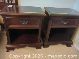 MaxSold Auction: Pair of Traditional Dark Mahogany Nightstands with Drawer & Shelf - Central Saanich (British Columbia, Canada) PARTNER MANAGED Moving Online Auction - Cultra Avenue