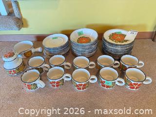 MaxSold Auction: Retro Ceramic Dinnerware Set with Orange Floral & Green Accents - Central Saanich (British Columbia, Canada) PARTNER MANAGED Moving Online Auction - Cultra Avenue