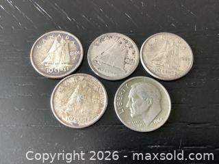 MaxSold Auction: Lot of 5 Silver Dimes (4 Canadian & 1 U.S.) - Ajax (Ontario, Canada) SELLER MANAGED Reseller Online Auction - Pickering Beach Road