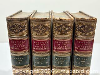 MaxSold Auction: 1875-76 History of the United Netherlands 4 vol Leather Bound Book Set by John Lothrop - Burlington (Ontario, Canada) SELLER MANAGED Estate Sale Online Auction - Fairview Street (STORAGE)