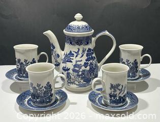 MaxSold Auction: Vintage Churchill England Blue Willow Coffee Pot c/w Coffee Mugs & Saucers X 4 - Burlington (Ontario, Canada) SELLER MANAGED Estate Sale Online Auction - Fairview Street (STORAGE)