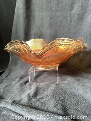 MaxSold Auction: Dugan Marigold Stork and Rushes Carnival Glass Punch Bowl - Ruffled - Bremerton (Washington, USA) SELLER MANAGED Estate Sale Online Auction - Burwell Street
