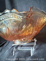 MaxSold Auction: Dugan Marigold Stork and Rushes Carnival Glass Punch Bowl - Ruffled - Bremerton (Washington, USA) SELLER MANAGED Estate Sale Online Auction - Burwell Street