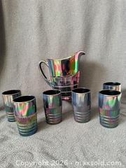 MaxSold Auction: Fenton Lincoln Inn Black Carnival Glass Pitcher with Six Tumblers - Bremerton (Washington, USA) SELLER MANAGED Estate Sale Online Auction - Burwell Street