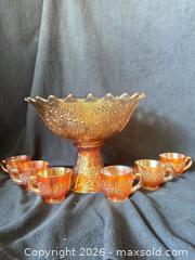MaxSold Auction: Fenton Marigold Orange Tree Carnival Glass Punch Set #1 - Bremerton (Washington, USA) SELLER MANAGED Estate Sale Online Auction - Burwell Street