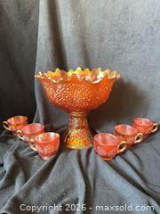 MaxSold Auction: Fenton Marigold Orange Tree Carnival Glass Punch Set #2 - Bremerton (Washington, USA) SELLER MANAGED Estate Sale Online Auction - Burwell Street