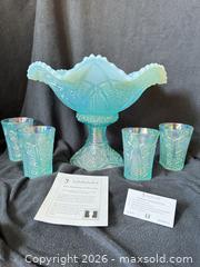 MaxSold Auction: Fenton Platinum Collection Aquamarine Opalescent Stretch/Carnival Glass Punch Set #98/1250 - Bremerton (Washington, USA) SELLER MANAGED Estate Sale Online Auction - Burwell Street
