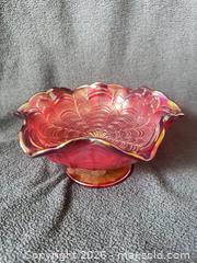 MaxSold Auction: Fenton Red/Amberina Peacock Tail Carnival Glass Pedestal Bowl  - Bremerton (Washington, USA) SELLER MANAGED Estate Sale Online Auction - Burwell Street