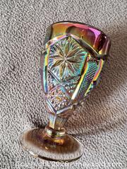 MaxSold Auction: Imperial (IG) Star and File Smoke/Peacock Carnival Glass Decanter and Goblet Set - Bremerton (Washington, USA) SELLER MANAGED Estate Sale Online Auction - Burwell Street