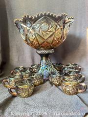MaxSold Auction: Imperial Peacock/Smoke Whirling Star Carnival Glass Punch Set - Bremerton (Washington, USA) SELLER MANAGED Estate Sale Online Auction - Burwell Street
