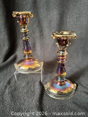 MaxSold Auction: Imperial Smoke Double Scroll Carnival Glass Candle Holders (Pair) - Bremerton (Washington, USA) SELLER MANAGED Estate Sale Online Auction - Burwell Street