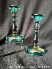 MaxSold Auction: Imperial Teal Double Scroll Stretch/Carnival Glass Candle Holders (Pair) - Bremerton (Washington, USA) SELLER MANAGED Estate Sale Online Auction - Burwell Street