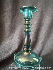 MaxSold Auction: Imperial Teal Double Scroll Stretch/Carnival Glass Candle Holders (Pair) - Bremerton (Washington, USA) SELLER MANAGED Estate Sale Online Auction - Burwell Street