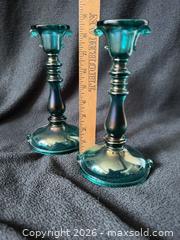 MaxSold Auction: Imperial Teal Double Scroll Stretch/Carnival Glass Candle Holders (Pair) - Bremerton (Washington, USA) SELLER MANAGED Estate Sale Online Auction - Burwell Street