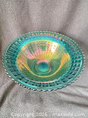 MaxSold Auction: Imperial Teal Waffle Block/Monticello Carnival Glass Punch Bowl #1 - Bremerton (Washington, USA) SELLER MANAGED Estate Sale Online Auction - Burwell Street
