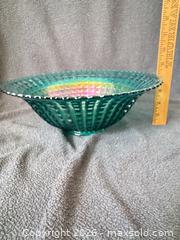 MaxSold Auction: Imperial Teal Waffle Block/Monticello Carnival Glass Punch Bowl #1 - Bremerton (Washington, USA) SELLER MANAGED Estate Sale Online Auction - Burwell Street