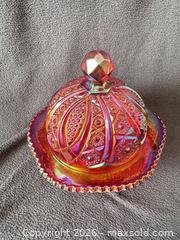 MaxSold Auction: Indiana Glass Sunset/Amberina Heirloom Carnival Glass Butter Dish - Bremerton (Washington, USA) SELLER MANAGED Estate Sale Online Auction - Burwell Street