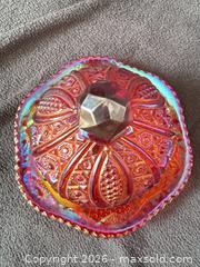 MaxSold Auction: Indiana Glass Sunset/Amberina Heirloom Carnival Glass Butter Dish - Bremerton (Washington, USA) SELLER MANAGED Estate Sale Online Auction - Burwell Street
