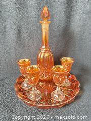 MaxSold Auction: Unknown Maker Star and Fan Marigold Carnival Glass Cordial Set - Bremerton (Washington, USA) SELLER MANAGED Estate Sale Online Auction - Burwell Street