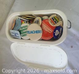 MaxSold Auction: 195 pieces of Pin - Buttons Memorabilia Collection Lot of Vintage Pins in a  Minnow Bucket - Ottawa (Ontario, Canada) SELLER MANAGED Downsizing Online Auction -  Woodpark Way
