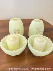MaxSold Auction: Fenton Pair of Pale Yellow Milk Glass Candlestick Holders with Floral Design - Bealeton (Virginia, USA) SELLER MANAGED Estate Sale Online Auction - Marsh Road