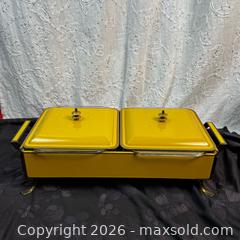 MaxSold Auction: Vintage 1950s Fire King Chafing Dish Set – Double Server, Yellow Enamel - St. Catharines (Ontario, Canada) SELLER MANAGED Reseller Online Auction - Winfield Court
