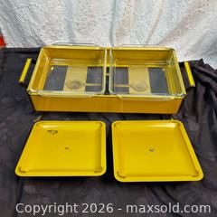 MaxSold Auction: Vintage 1950s Fire King Chafing Dish Set – Double Server, Yellow Enamel - St. Catharines (Ontario, Canada) SELLER MANAGED Reseller Online Auction - Winfield Court