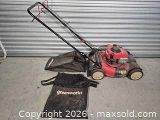 MaxSold Auction: 21 in Gas Push Lawn Mower with Grass Catcher (Troy-Bilt/Greenworks) - Cypress(Texas, USA) PARTNER MANAGED Downsizing Online Auction - Woodworth Drive