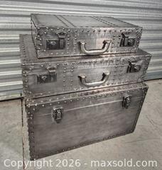 MaxSold Auction: Set of 3 Metal Storage Trunks – Silver Brushed Antique Finish - Cypress(Texas, USA) PARTNER MANAGED Downsizing Online Auction - Woodworth Drive