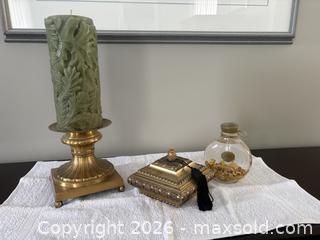 MaxSold Auction: Ornate Gilt Trinket Box, Candle & Clear Glass Bottle Set - Ottawa (Ontario, Canada) SELLER MANAGED Downsizing Online Auction - Cheverton Avenue