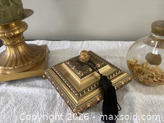 MaxSold Auction: Ornate Gilt Trinket Box, Candle & Clear Glass Bottle Set - Ottawa (Ontario, Canada) SELLER MANAGED Downsizing Online Auction - Cheverton Avenue