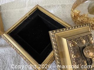 MaxSold Auction: Ornate Gilt Trinket Box, Candle & Clear Glass Bottle Set - Ottawa (Ontario, Canada) SELLER MANAGED Downsizing Online Auction - Cheverton Avenue