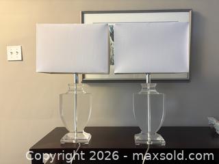 MaxSold Auction: Pair of Modern Acrylic Table Lamps with White Fabric Shades - Ottawa (Ontario, Canada) SELLER MANAGED Downsizing Online Auction - Cheverton Avenue