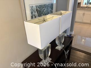 MaxSold Auction: Pair of Modern Acrylic Table Lamps with White Fabric Shades - Ottawa (Ontario, Canada) SELLER MANAGED Downsizing Online Auction - Cheverton Avenue