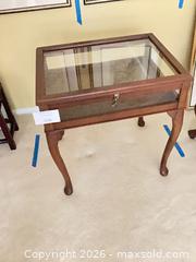 MaxSold Auction: Vintage Brown Wood & Glass Curio Side  - Los Angeles (California, USA) PARTNER MANAGED Downsizing Online Auction - Sapphire Drive