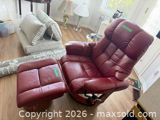 MaxSold Auction: Red/Burgundy Leather Swivel Recliner with Ottoman - Saanich (British Columbia, Canada) PARTNER MANAGED Moving Online Auction - Valewood Trail
